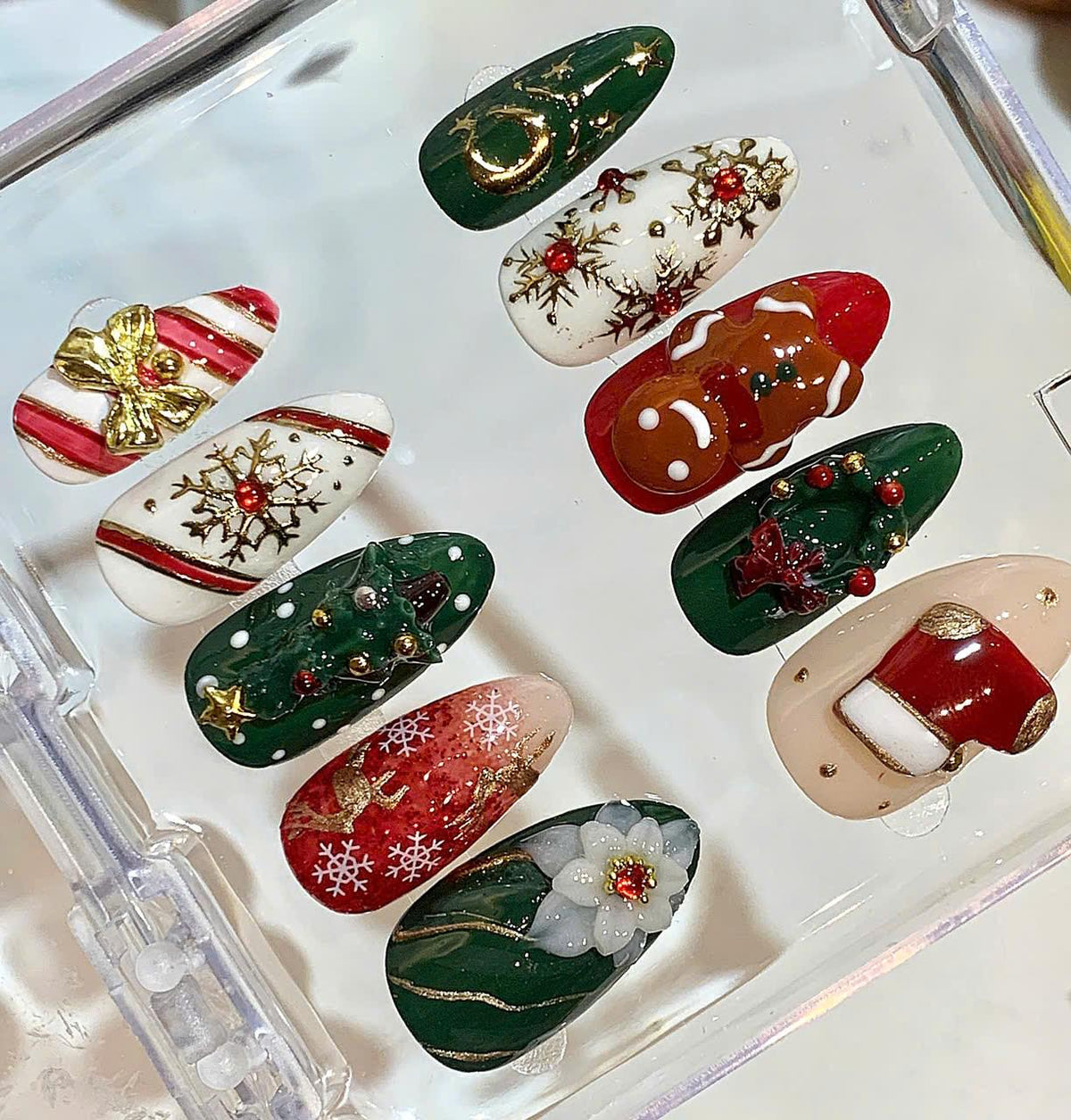 3D Christmas Press On Nails – Gingerbread, Tree, Candy Cane