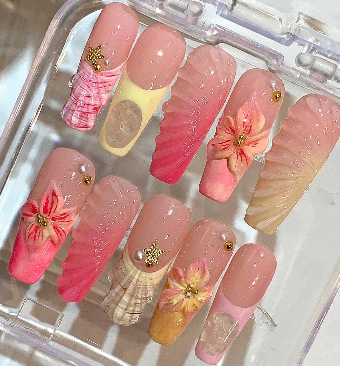 Pink Shell Press On Nails | 3D Flower Nail Set | Tropical Summer Beach Nails