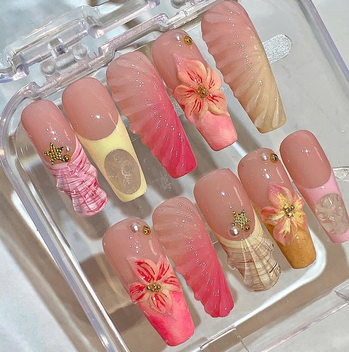 Pink Shell Press On Nails | 3D Flower Nail Set | Tropical Summer Beach Nails