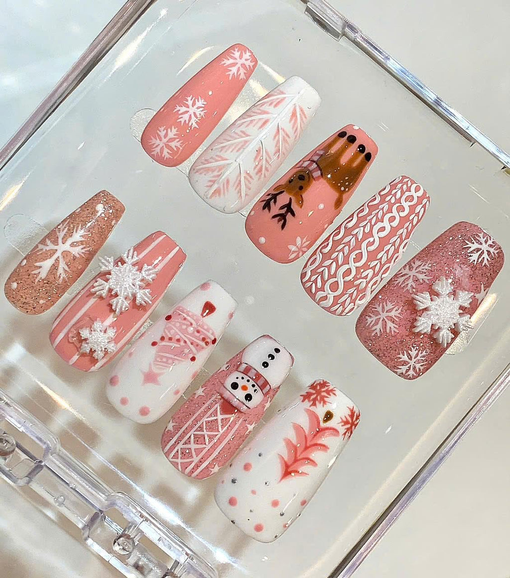 Pink Christmas Press On Nails – Holiday Nail Art Set