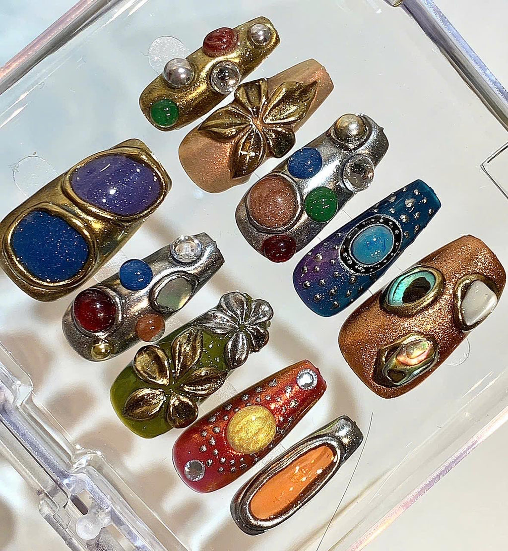 Boho Gemstone Press On Nails – Vintage Metallic 3D Nail Art Set