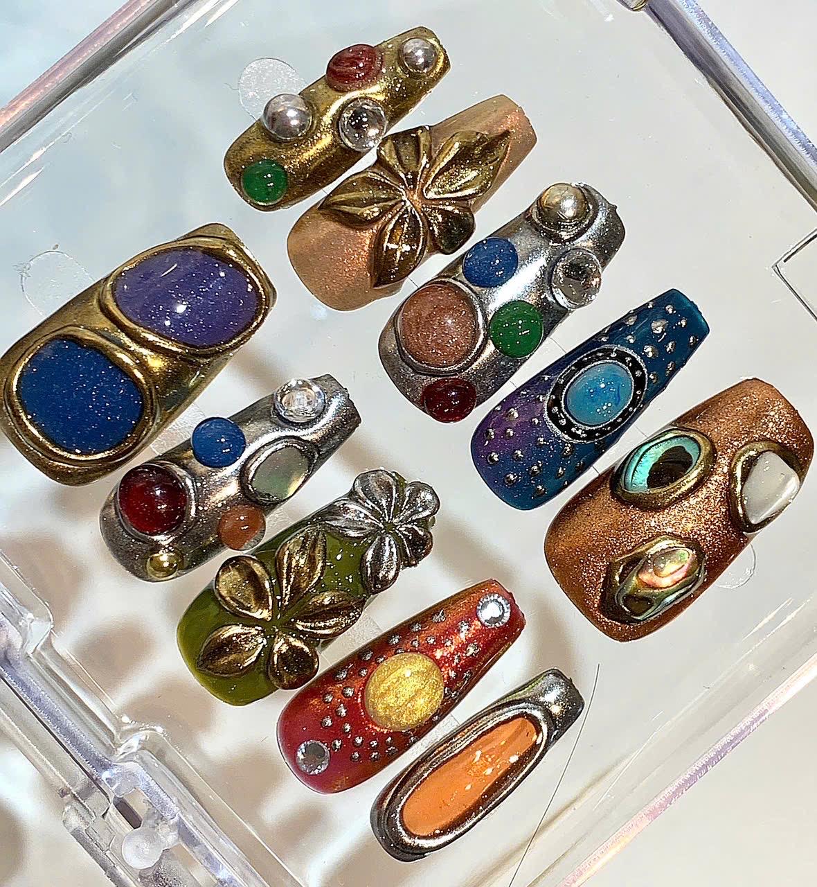 Boho Gemstone Press On Nails – Vintage Metallic 3D Nail Art Set