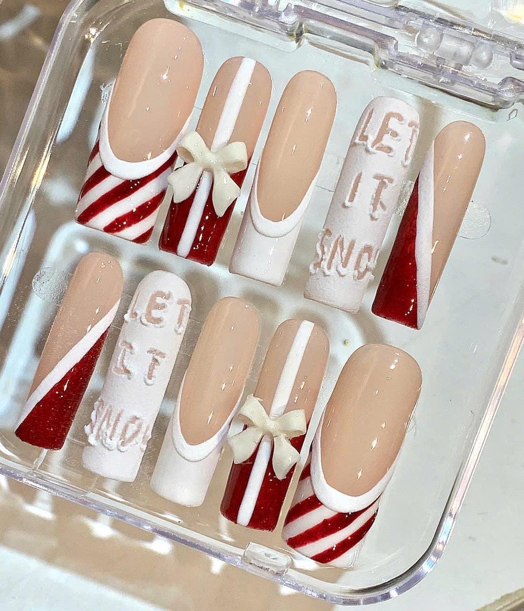 Christmas Candy Cane Press On Nails – Red White Let It Snow Nail Set