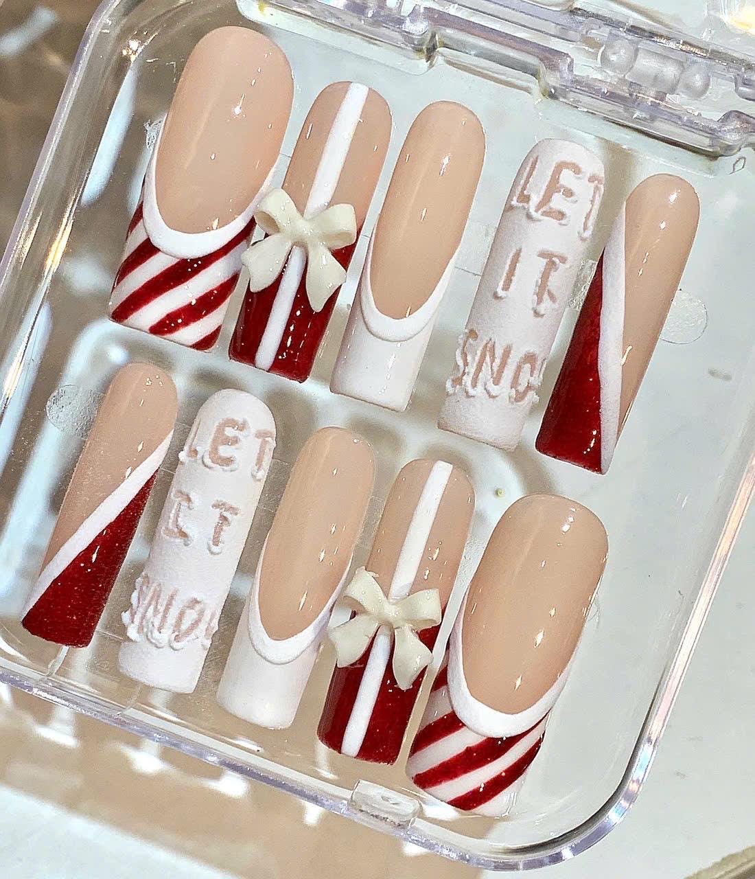 Christmas Candy Cane Press On Nails – Red White Let It Snow Nail Set