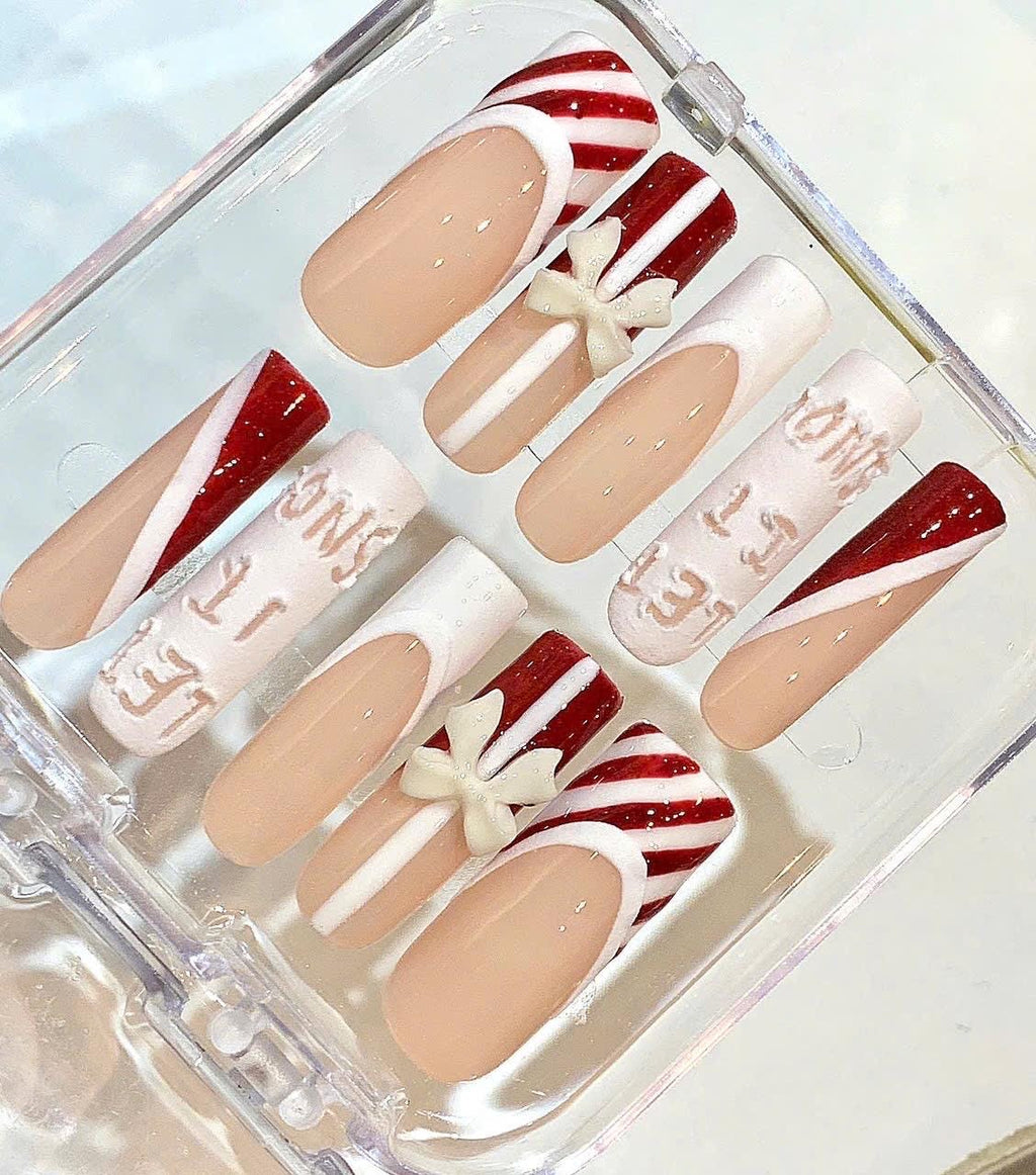 Christmas Candy Cane Press On Nails – Red White Let It Snow Nail Set