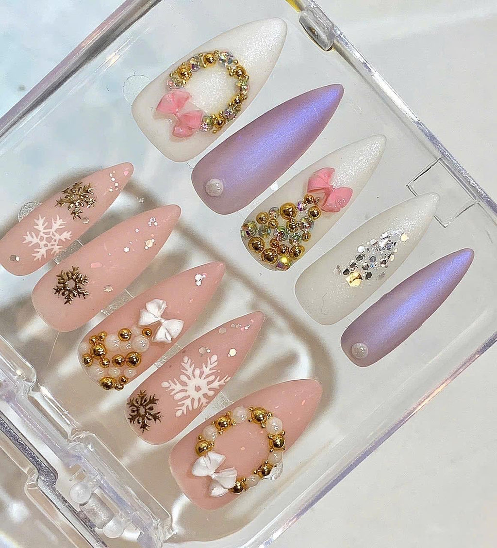 Pink Christmas Press On Nails – Snowflake & Bow Winter Nail Set