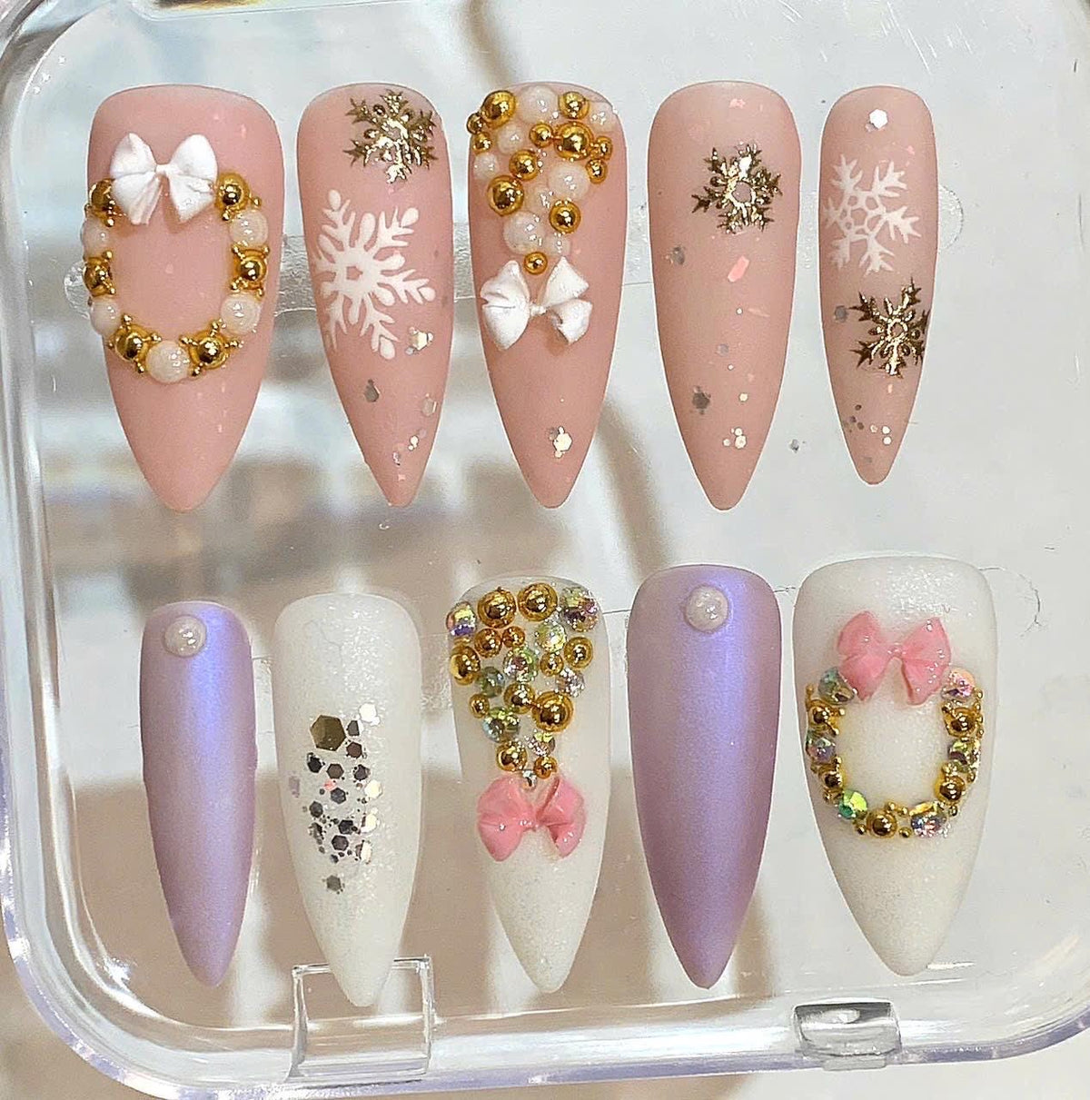 Pink Christmas Press On Nails – Snowflake & Bow Winter Nail Set