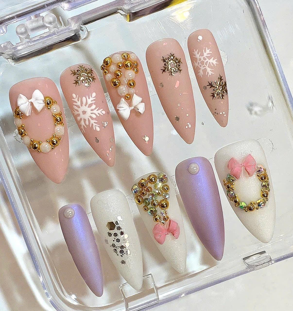Pink Christmas Press On Nails – Snowflake & Bow Winter Nail Set