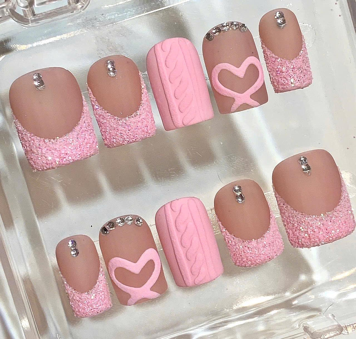 Pink Sweater Press On Nails | 3D Heart Glitter Nail Set