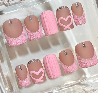 Pink Sweater Press On Nails | 3D Heart Glitter Nail Set
