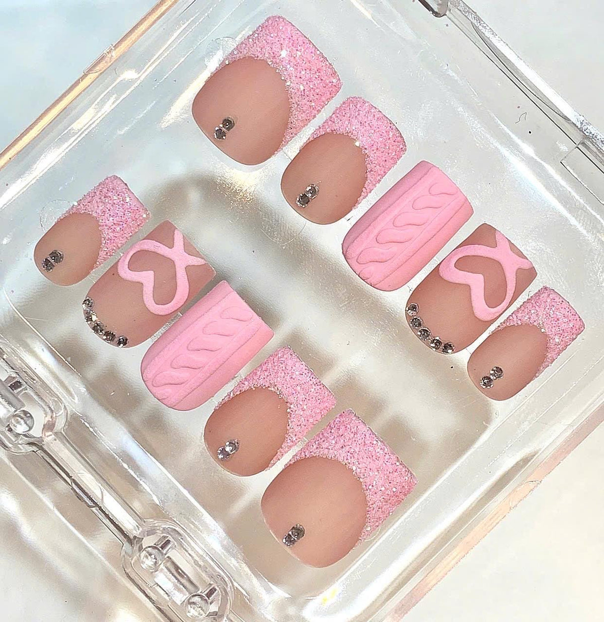 Pink Sweater Press On Nails | 3D Heart Glitter Nail Set