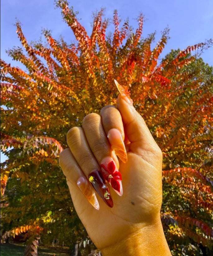 Autumn-Inspired Press On Nails | Warm Tones & Gold Accents | Handcrafted Fall Nail Art Set |3D Floral Nails | Fall Collection|JB544HC
