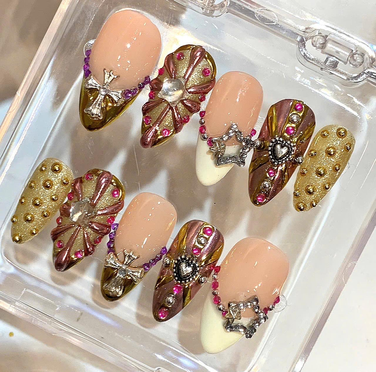Gothic Gold Press On Nails | Cross & Heart Charm Nail Set | Luxury Metallic Fake Nails