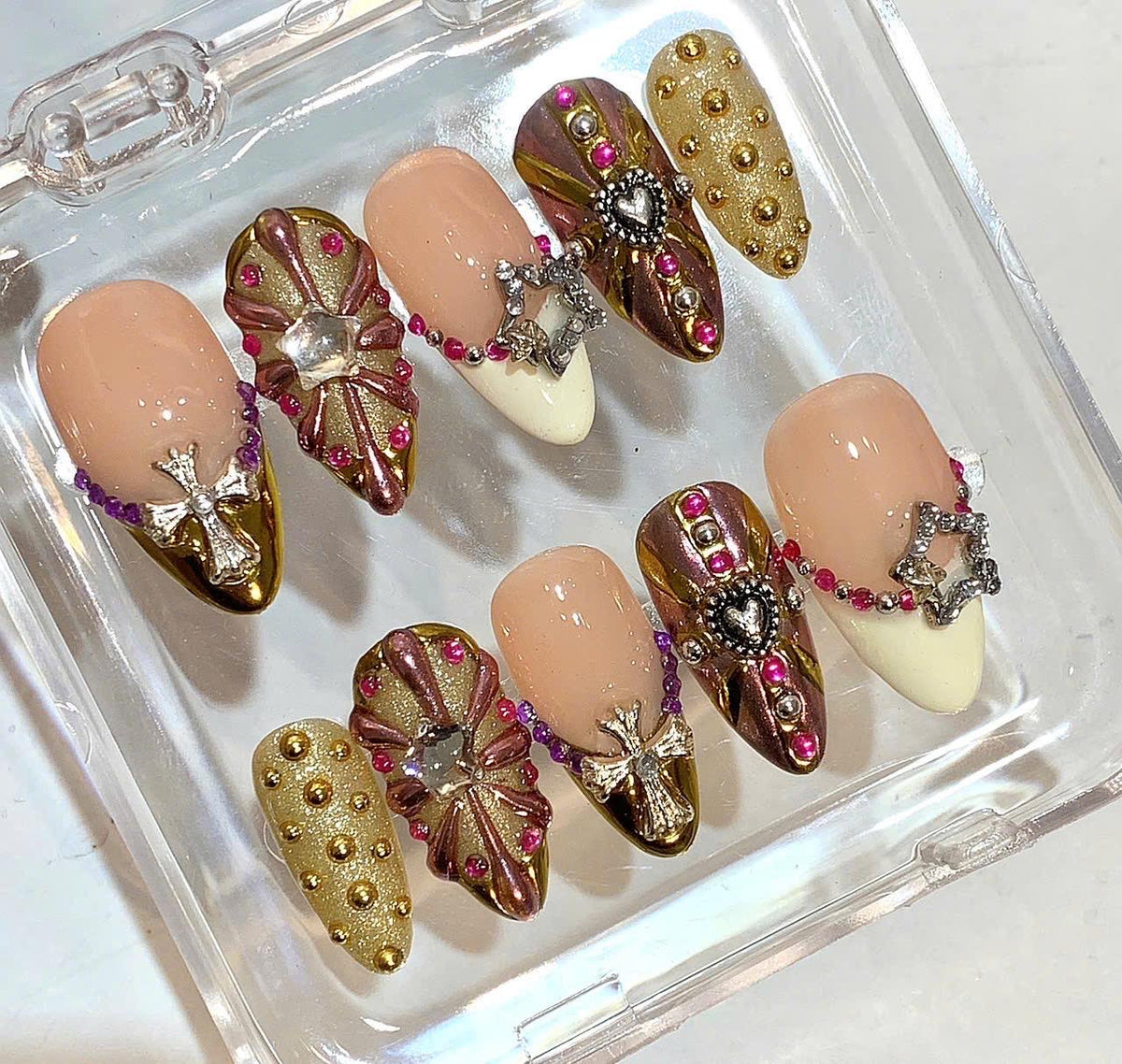 Gothic Gold Press On Nails | Cross & Heart Charm Nail Set | Luxury Metallic Fake Nails