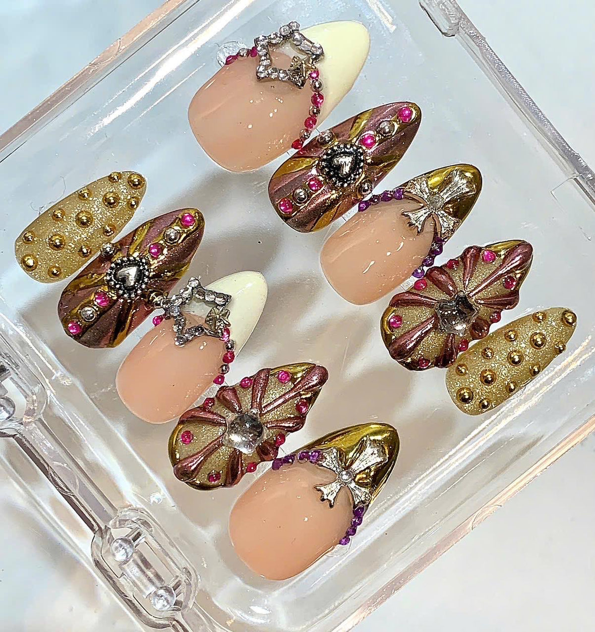 Gothic Gold Press On Nails | Cross & Heart Charm Nail Set | Luxury Metallic Fake Nails