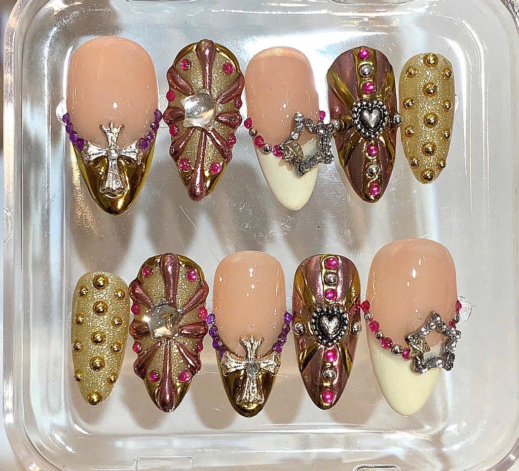 Gothic Gold Press On Nails | Cross & Heart Charm Nail Set | Luxury Metallic Fake Nails