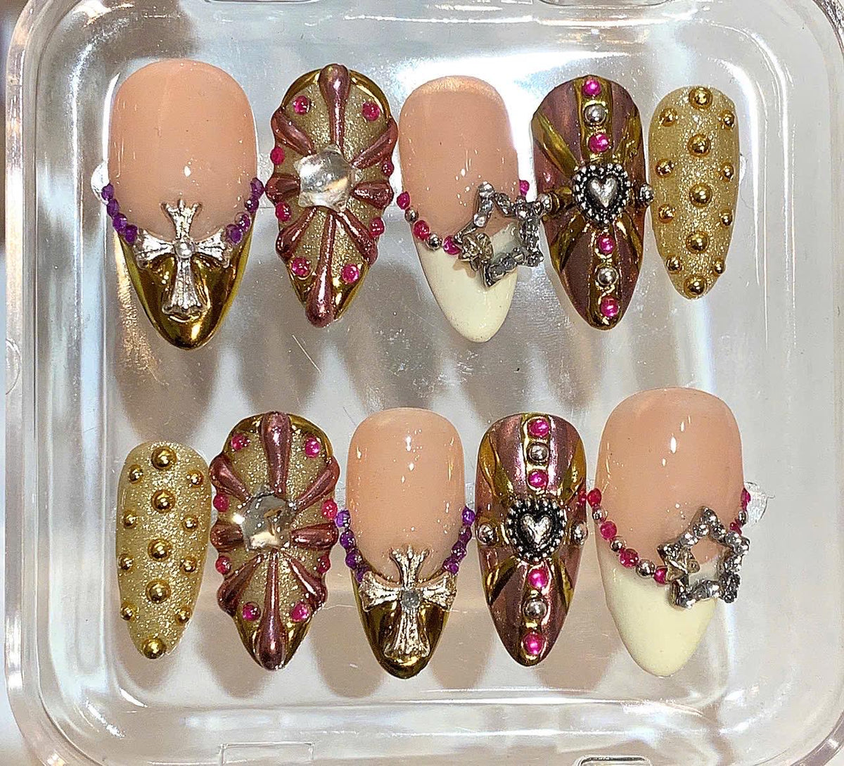 Gothic Gold Press On Nails | Cross & Heart Charm Nail Set | Luxury Metallic Fake Nails