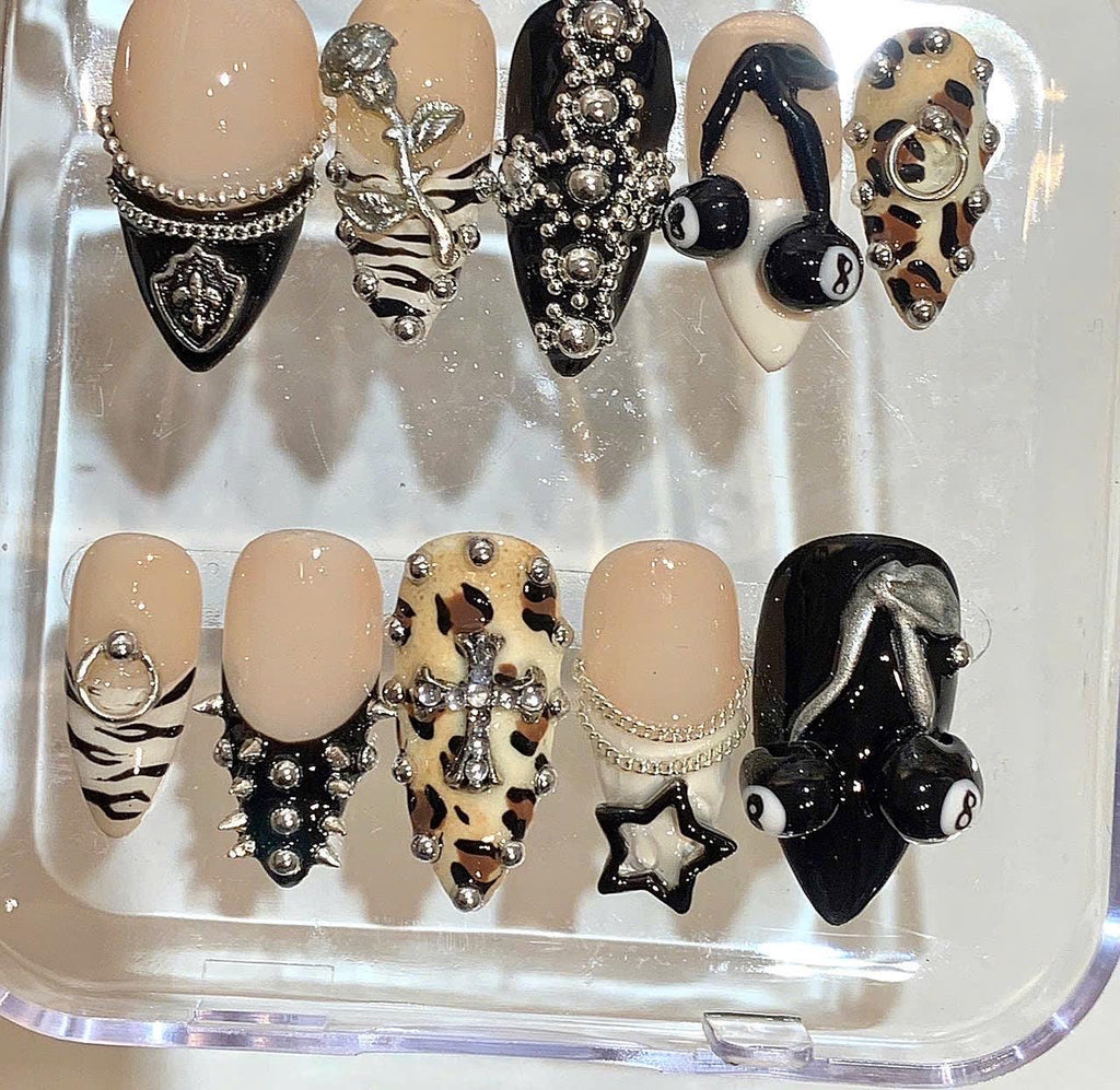 Punk Press On Nails | Gothic Animal Print Nail Set | 3D Cross & Spike Fake Nails
