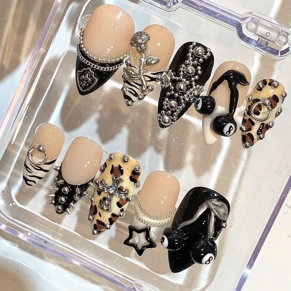Punk Press On Nails | Gothic Animal Print Nail Set | 3D Cross & Spike Fake Nails