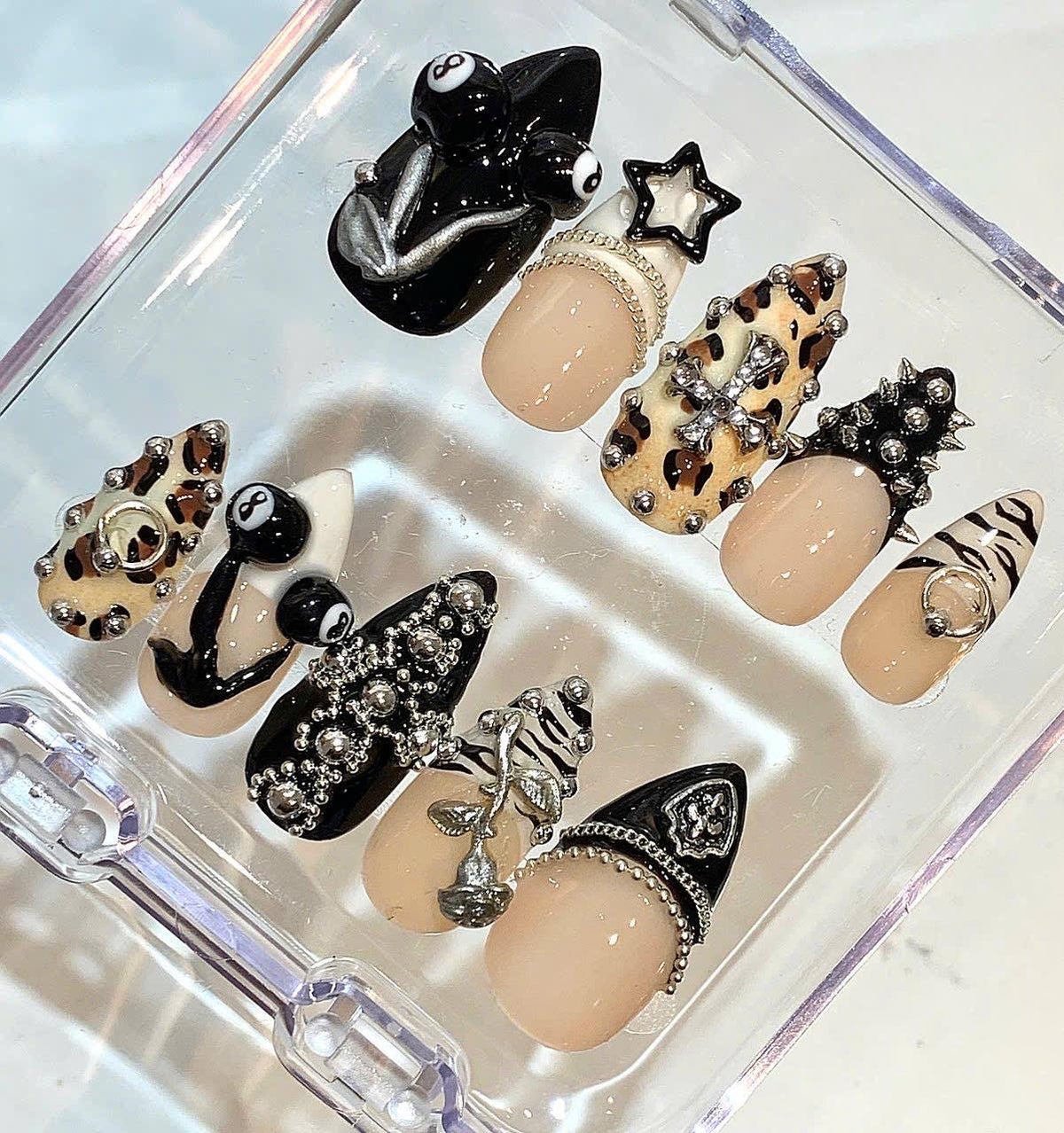 Punk Press On Nails | Gothic Animal Print Nail Set | 3D Cross & Spike Fake Nails