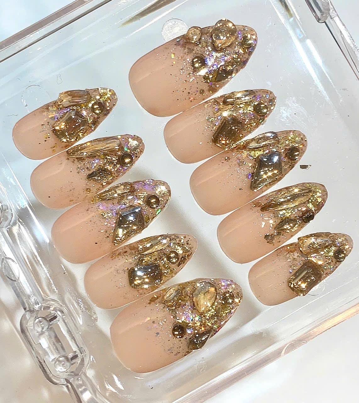 Luxury Gold Crystal Press On Nails | Nude Glitter Nail Set | Chunky Rhinestone Fake Nails
