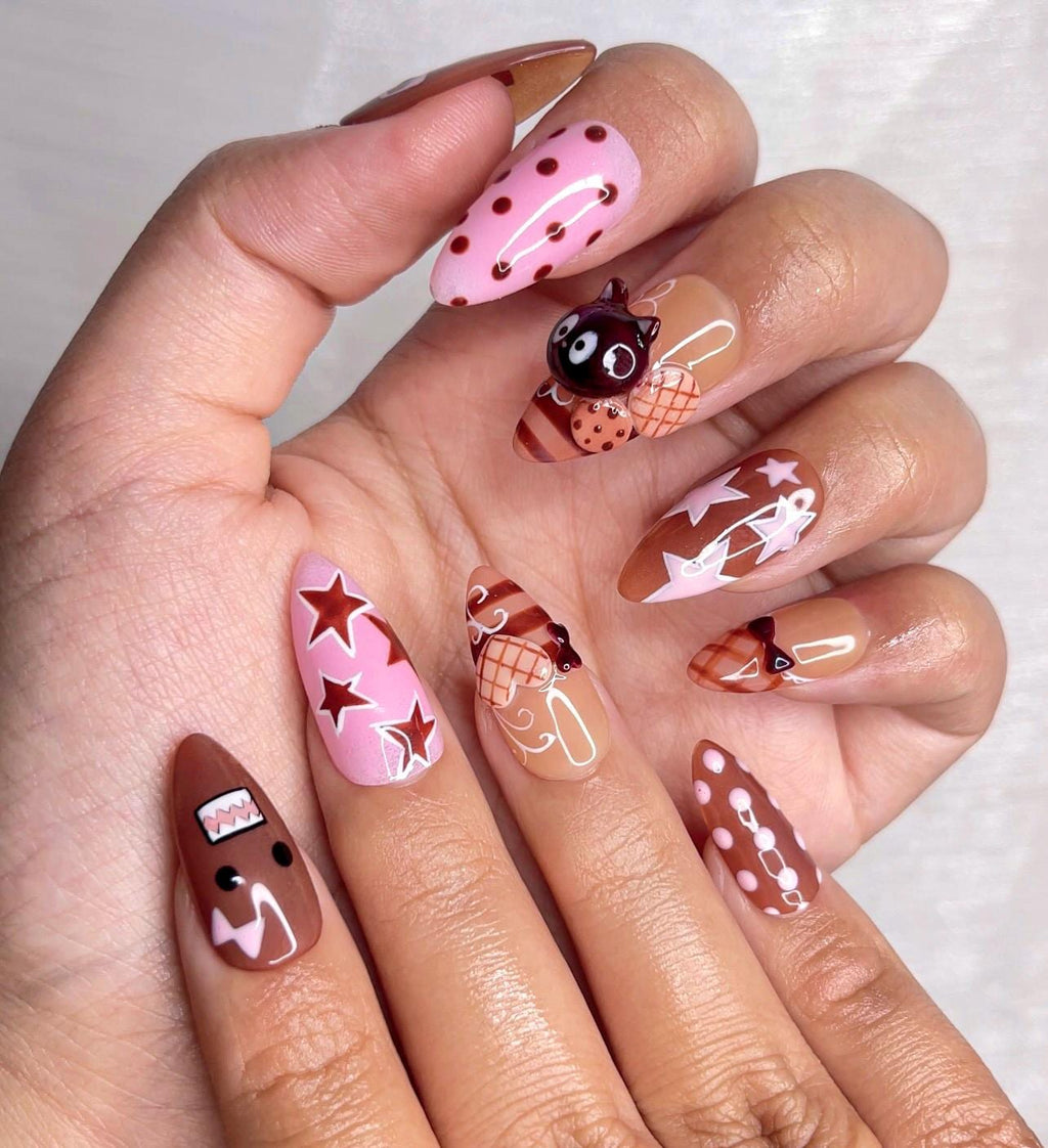 Chocolat Bear Cute Press On Nails | Kawaii Cartoon & 3D Cat Nails | Pink Brown Retro Nail Art | Handmade Fun Press Ons | JB221EC