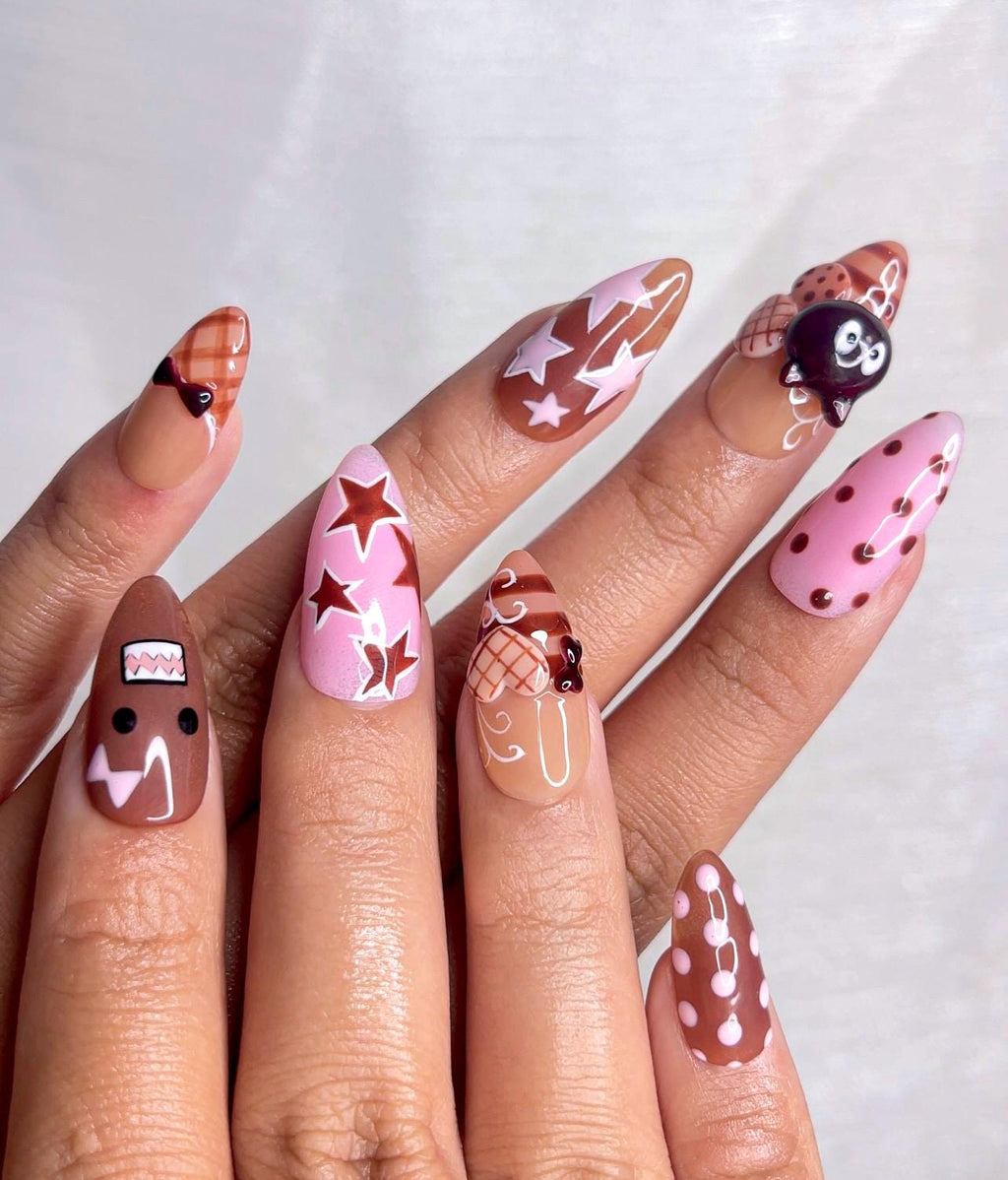 Chocolat Bear Cute Press On Nails | Kawaii Cartoon & 3D Cat Nails | Pink Brown Retro Nail Art | Handmade Fun Press Ons | JB221EC