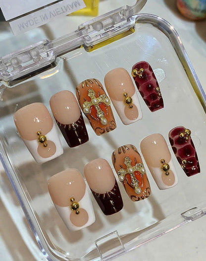 Baroque Burgundy Stiletto Press On Nails: Pearl Cross & Gold Accents