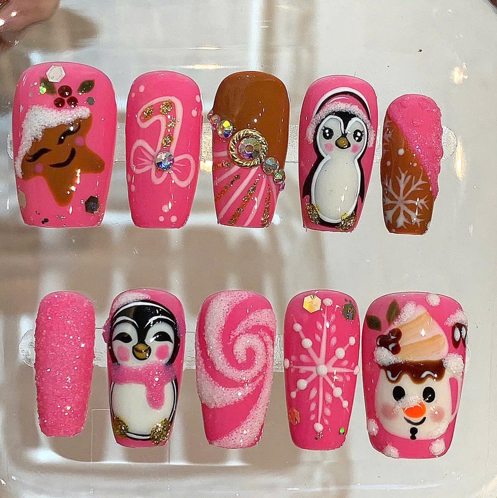 Pink Christmas Press On Nails – Snowman Penguin Holiday Set