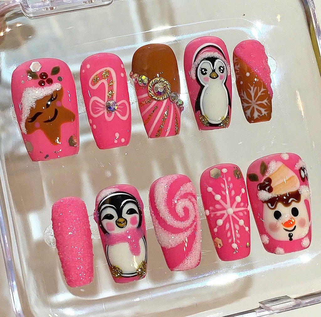 Pink Christmas Press On Nails – Snowman Penguin Holiday Set
