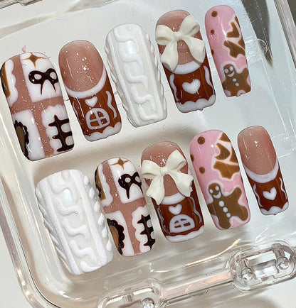 Gingerbread Christmas Press On Nails | Bow Cookie, Winter Sweater Design