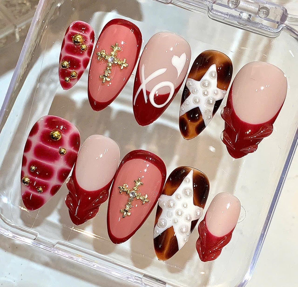 Red Heart Press On Nails | Pearl Star, 3D Cross Nail Set