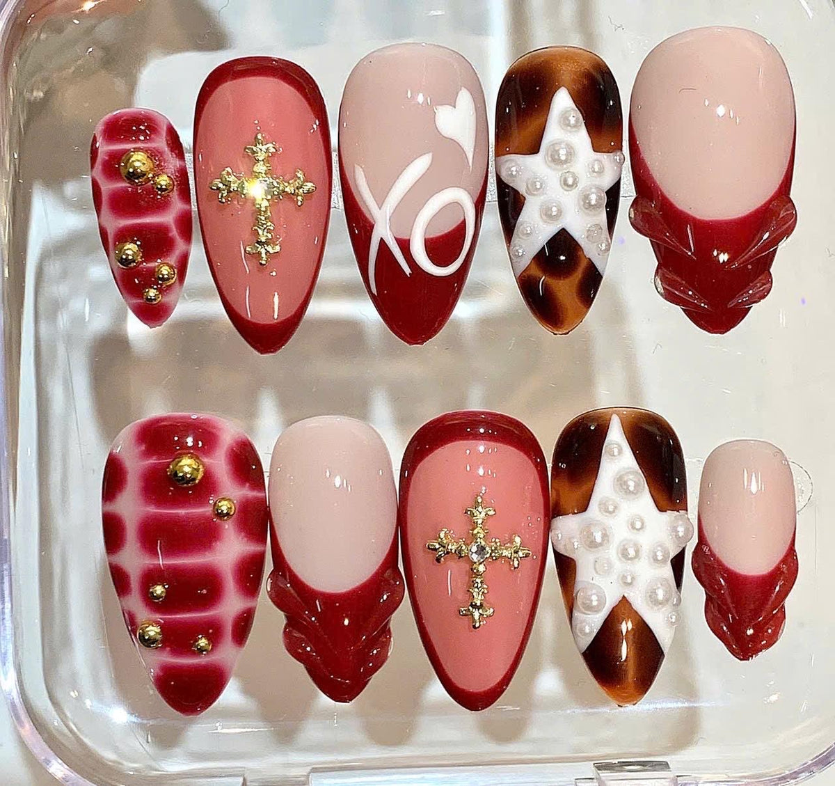 Red Heart Press On Nails | Pearl Star, 3D Cross Nail Set