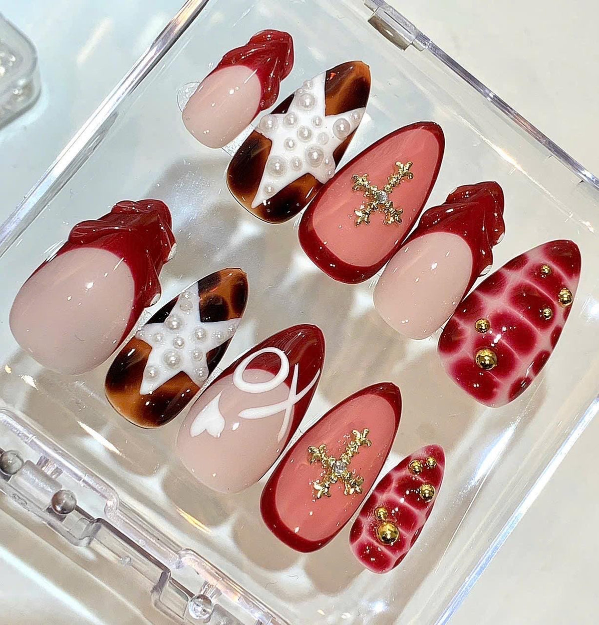 Red Heart Press On Nails | Pearl Star, 3D Cross Nail Set