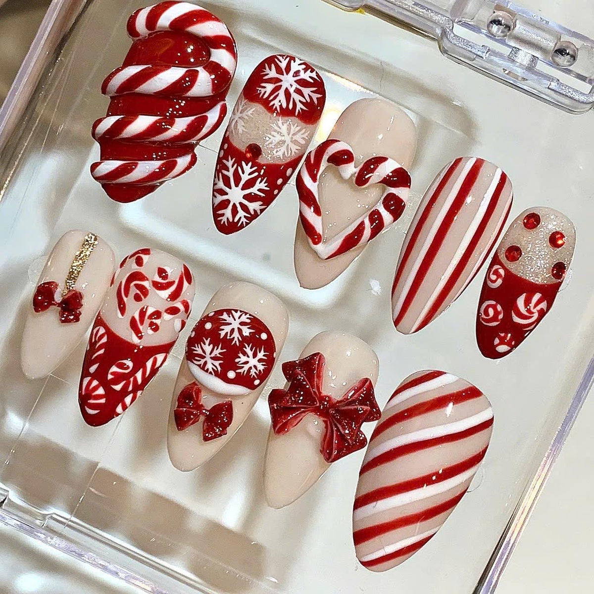 Candy Cane Christmas Press On Nails – Red White Bow & Snowflake Nail Set