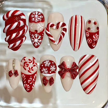 Candy Cane Christmas Press On Nails – Red White Bow & Snowflake Nail Set