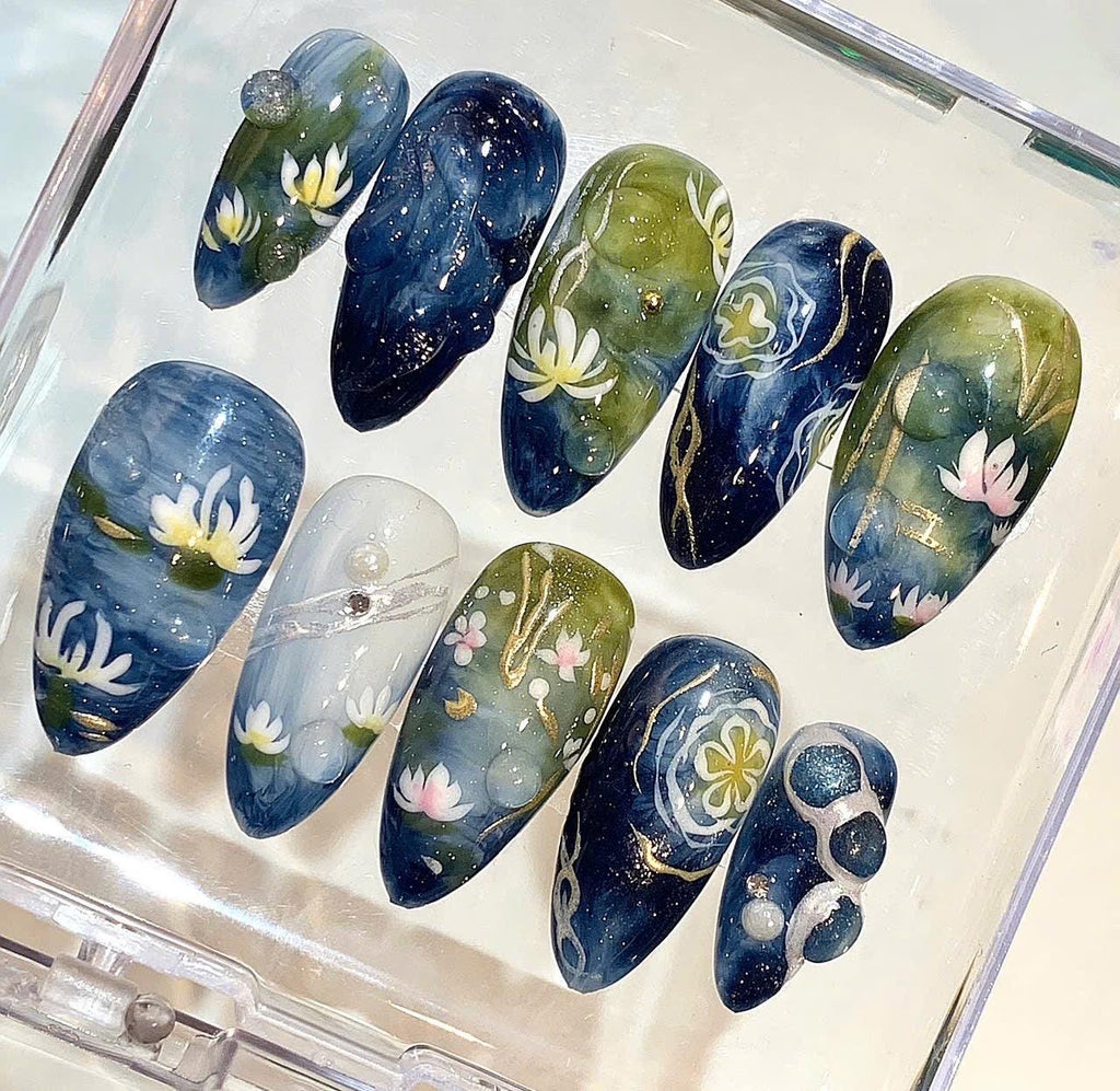 Water Lily Press On Nails | Navy Green Floral Nail Set | Hand Painted Art Nails
