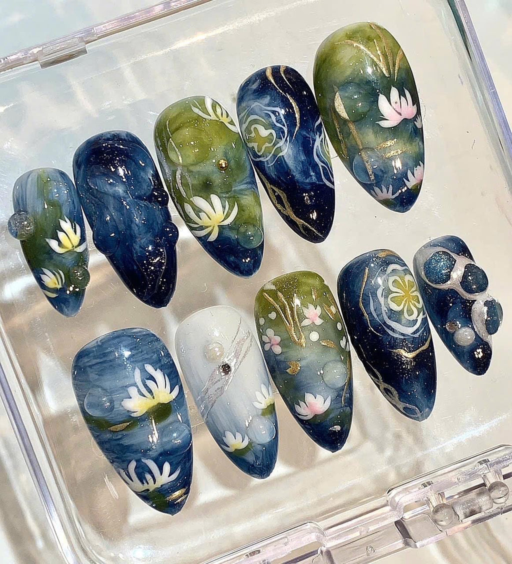 Water Lily Press On Nails | Navy Green Floral Nail Set | Hand Painted Art Nails