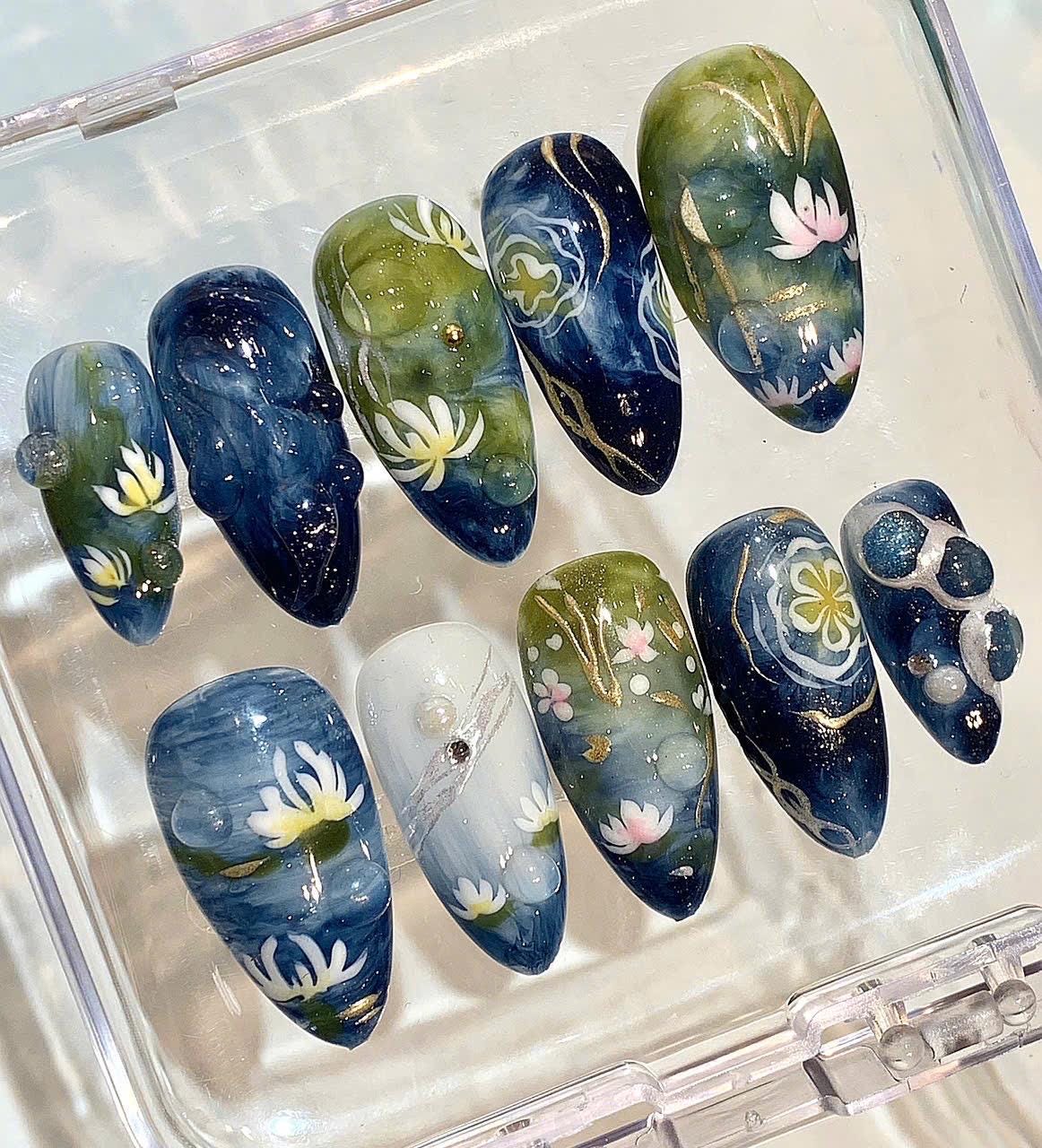 Water Lily Press On Nails | Navy Green Floral Nail Set | Hand Painted Art Nails