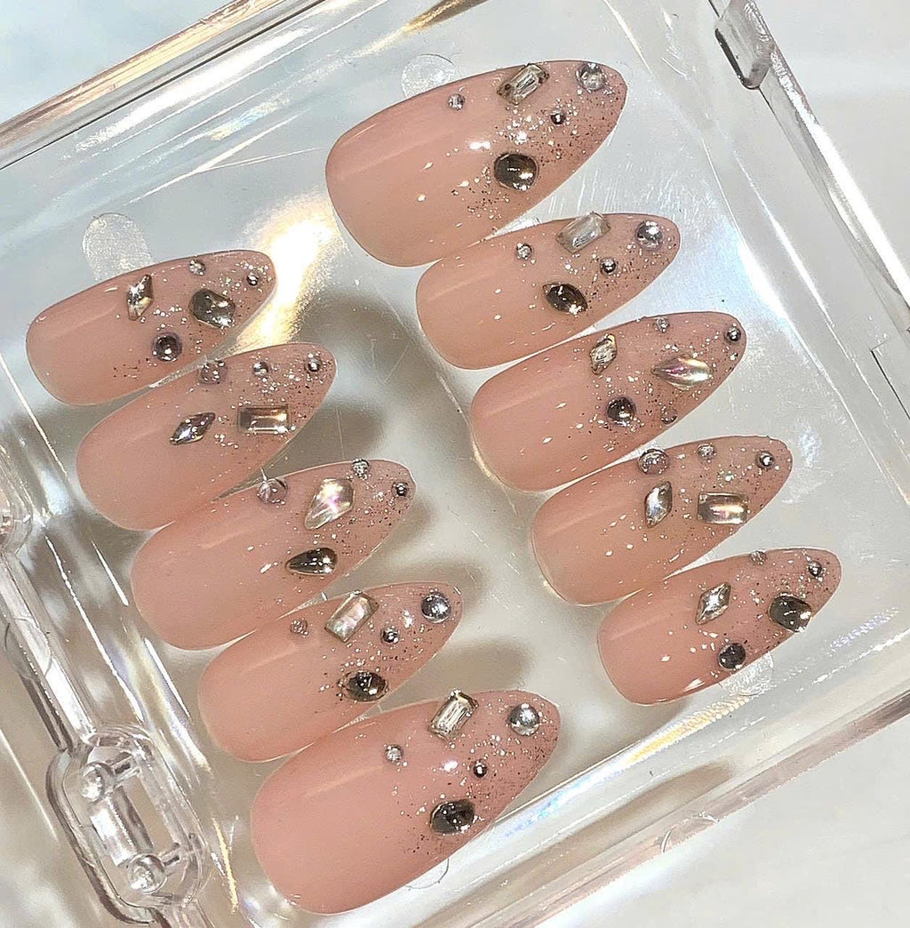 Nude Crystal Press On Nails | Elegant Sparkle Nail Set | Luxury Rhinestone Nails