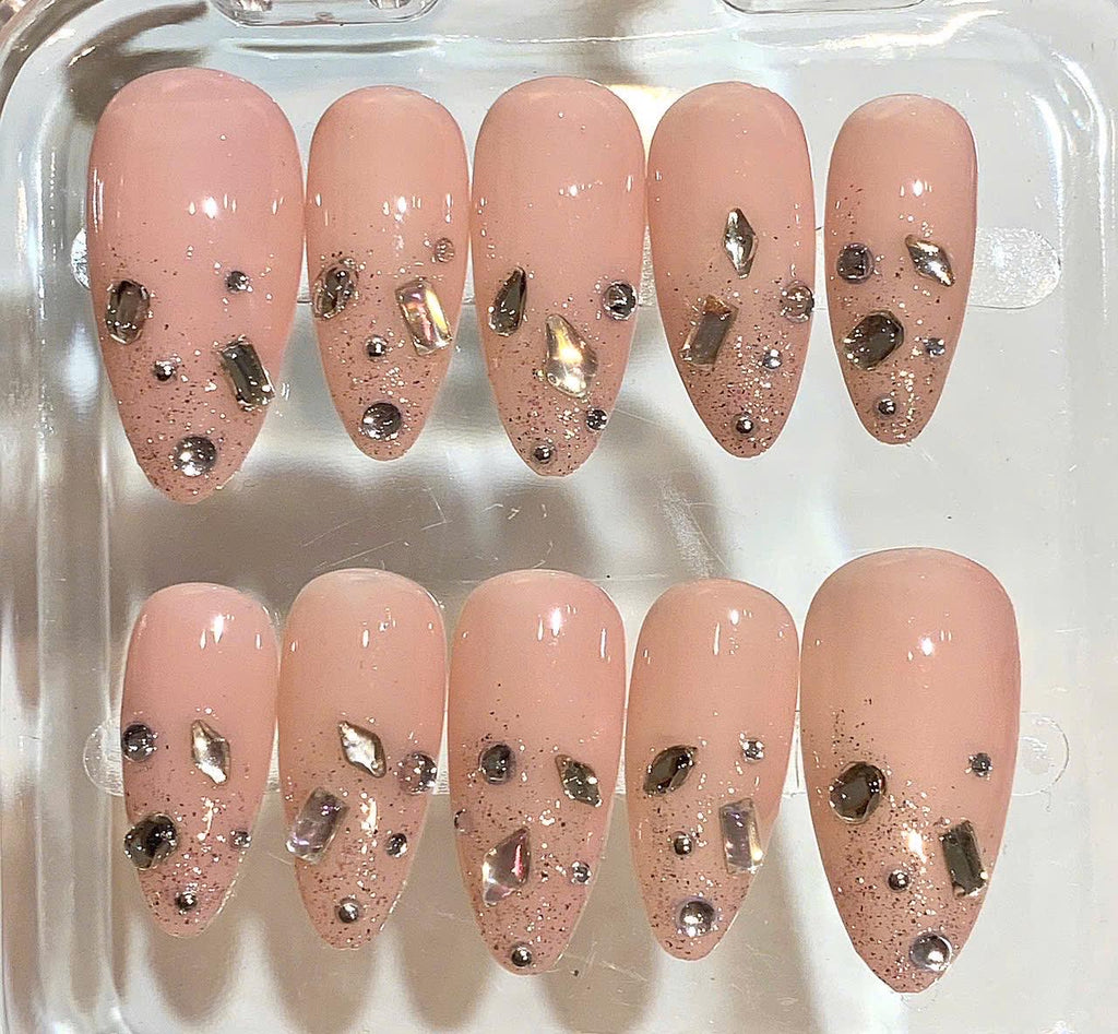 Nude Crystal Press On Nails | Elegant Sparkle Nail Set | Luxury Rhinestone Nails