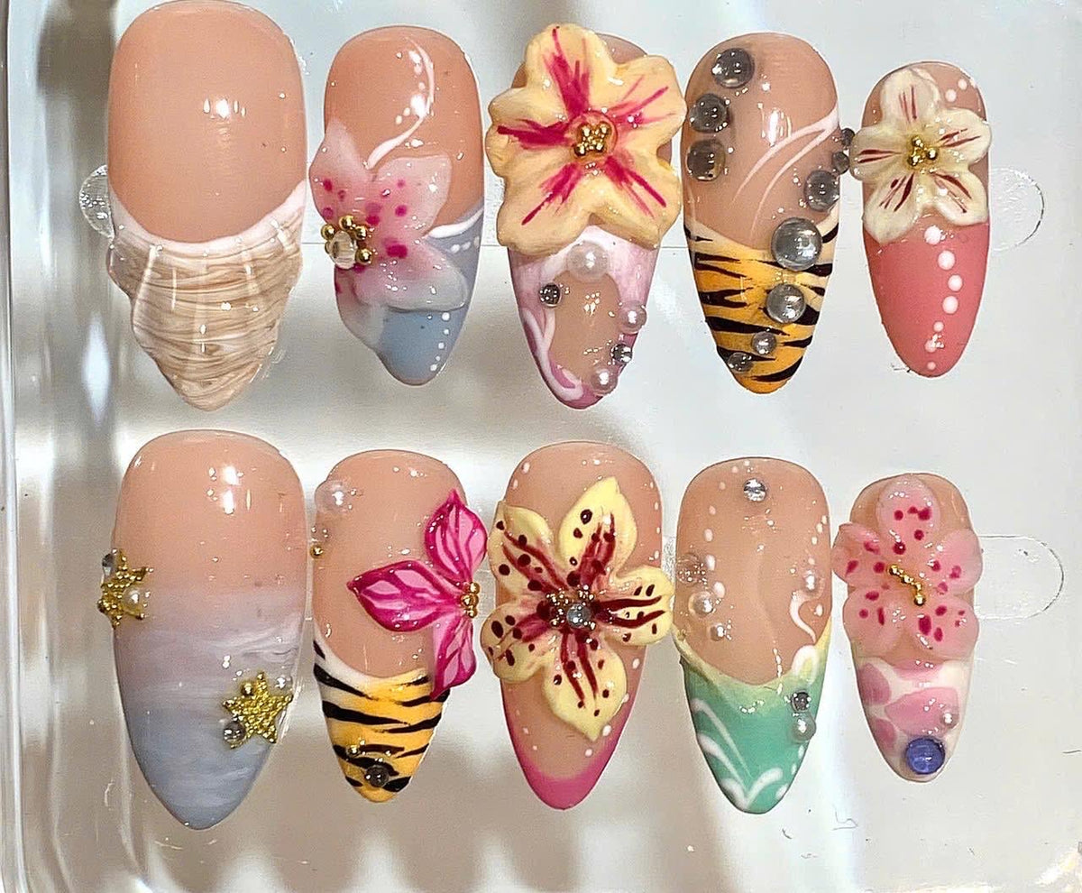 3D Flower Press On Nails | Tropical Mix Nail Set | Luxury Handmade Nails