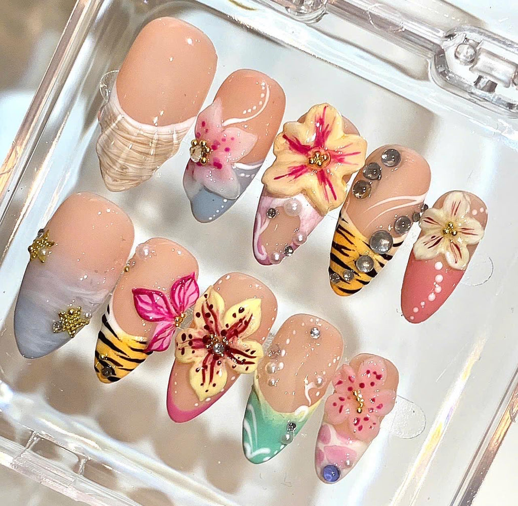 3D Flower Press On Nails | Tropical Mix Nail Set | Luxury Handmade Nails
