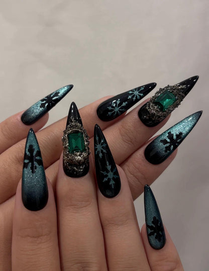Emerald Snowflake Christmas Press On Nails | Black Green Winter Nails | Luxe Holiday Nail Art | Stiletto Press Ons | Winter Set | JB237HC