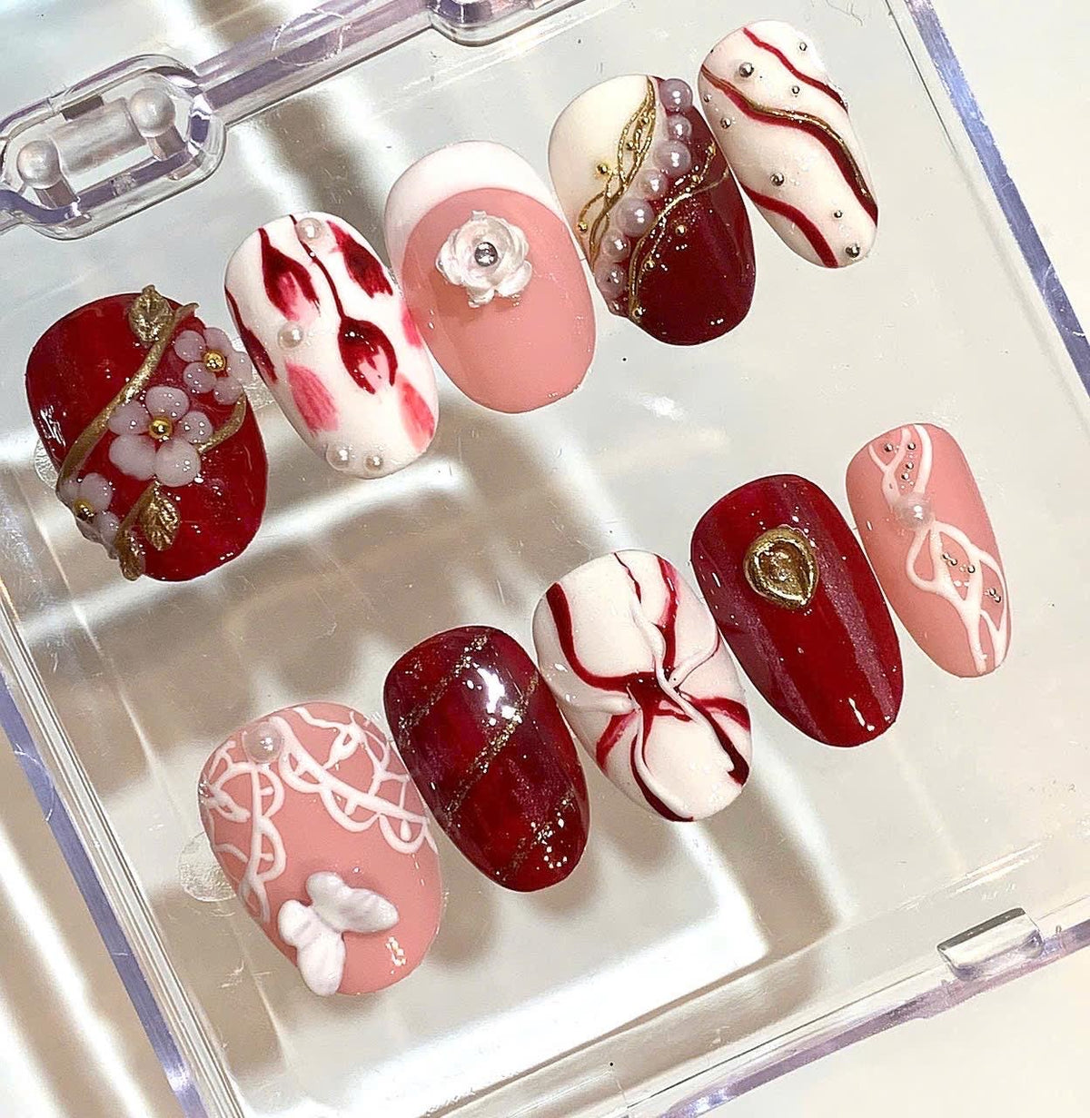 Red Pink Pearl Press On Nails | Luxury Floral Nail Set | Handmade 3D Design