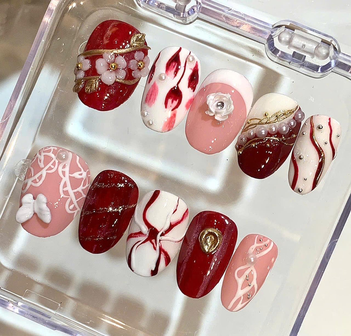 Red Pink Pearl Press On Nails | Luxury Floral Nail Set | Handmade 3D Design