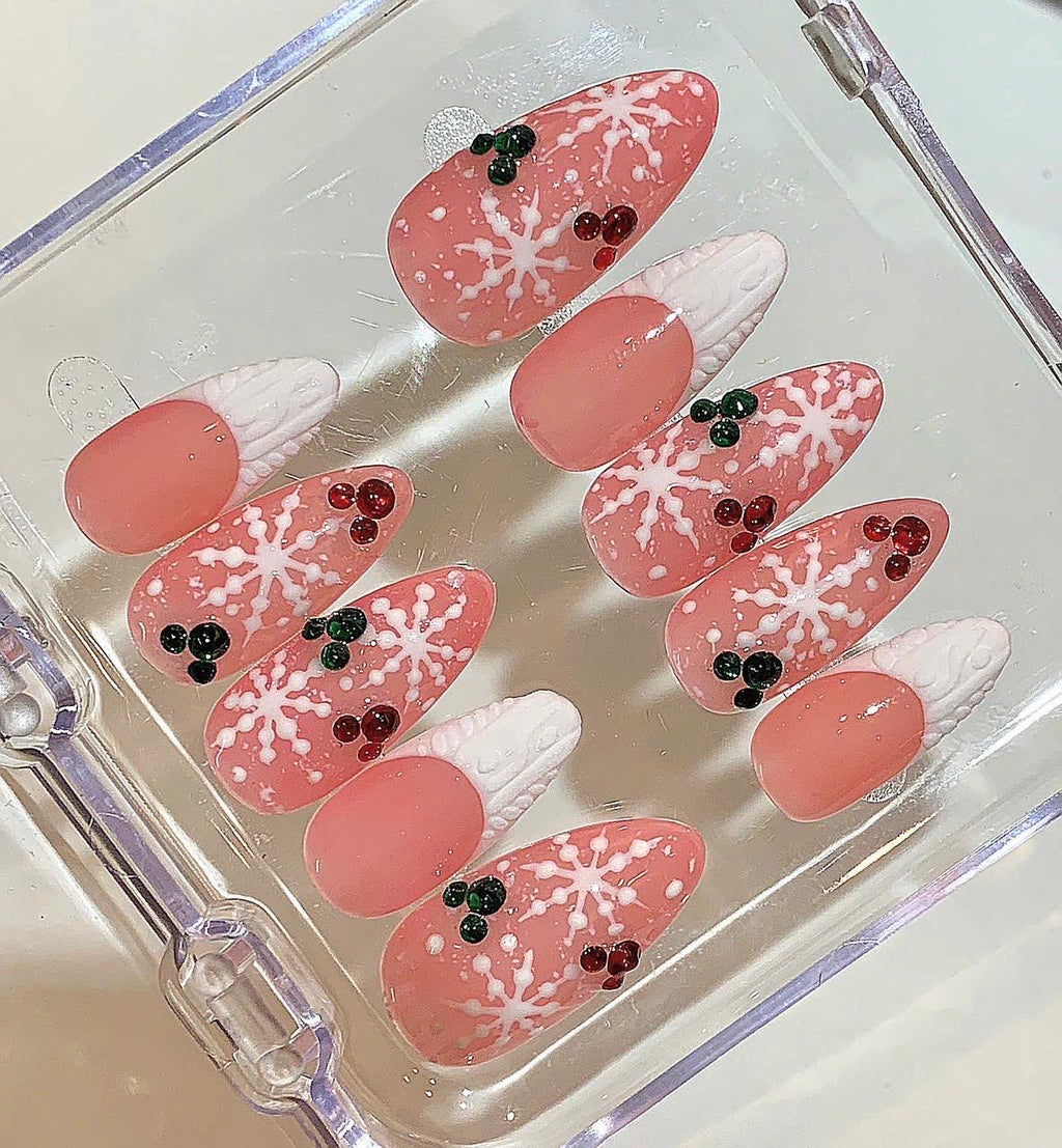 Snowflake Christmas Press On Nails | Pink Glitter Holiday Nail Set | Red Green Accent Nails