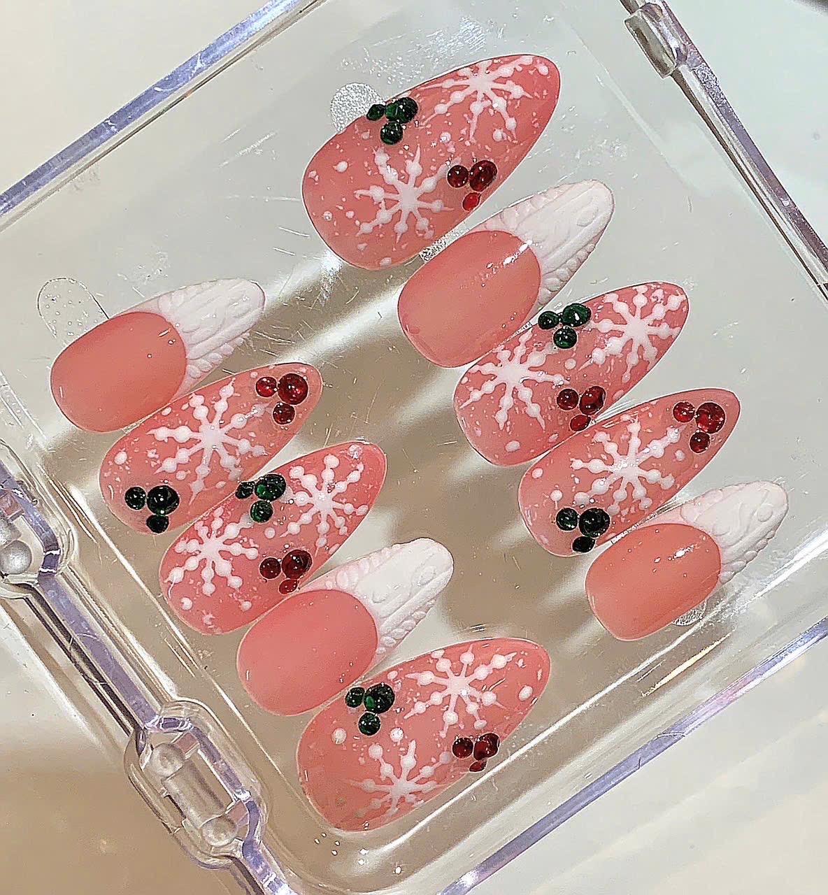 Snowflake Christmas Press On Nails | Pink Glitter Holiday Nail Set | Red Green Accent Nails