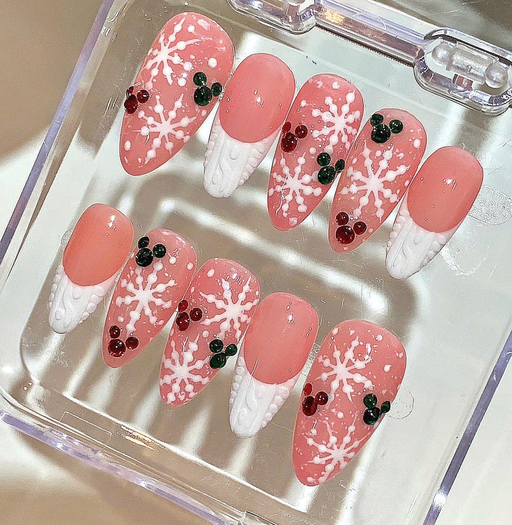Snowflake Christmas Press On Nails | Pink Glitter Holiday Nail Set | Red Green Accent Nails