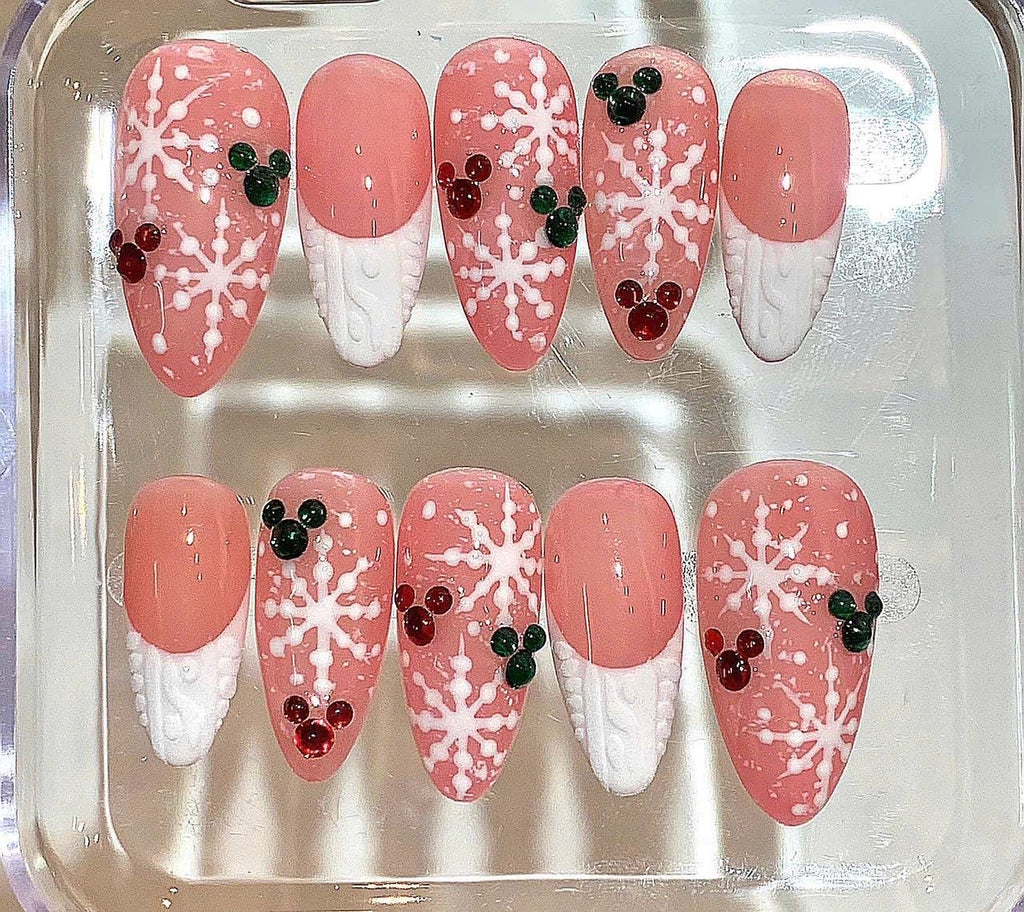 Snowflake Christmas Press On Nails | Pink Glitter Holiday Nail Set | Red Green Accent Nails